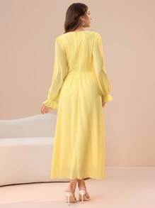 Modelyn 奶油黄色圆领腰部褶饰设计喇叭长袖连衣裙 - 黃色 - 查看 8