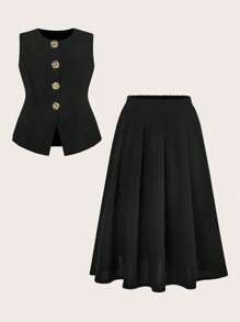 Sweetra Bộ 2 món đơn giản, tối giản, cổ điển, lãng mạn, eo thon - màu đen - Xem 3