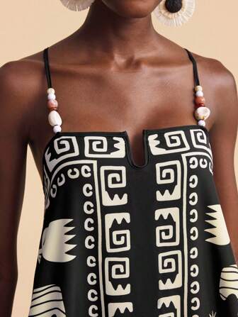 Travachic Elegant Black Spaghetti Strap Maxi Dress With Stylish Textured Details And Regular Fit African Dress Geometric Print Dress African Print Dress Black And White Dress Beaded Strap Dress