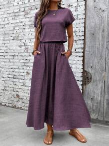 EMERY ROSE 2件套女士度假休闲纯色衬衫和裙子套装 - 紫羅蘭色 - 查看 3