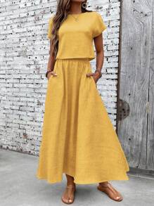 EMERY ROSE 2pcs Women Vacation Casual Solid Color Blouse And Mini Skirt Set