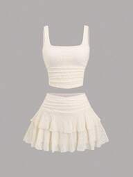 Sweetra Conjunto casual versátil de 2 piezas de mujer para primavera/verano con estilo europeo y americano, top de tirantes con volantes de encaje minimalista y sexy + falda de tubo, ideal para viajes