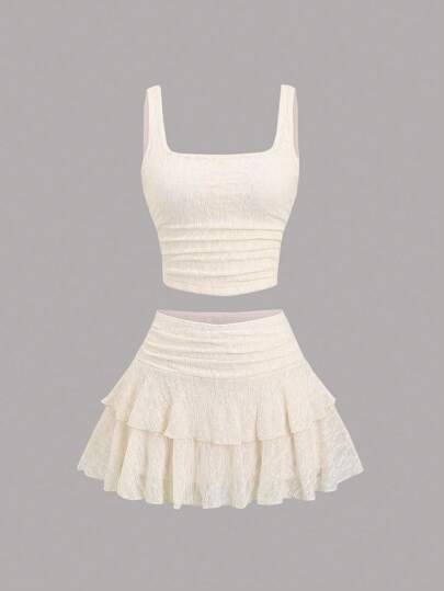 Sweetra Women's Spring/Summer European And American Fashion Minimalist Sexy Lace Ruffle Tank Top + Cake Skirt 2-Piece Casual Travel Versatile Set