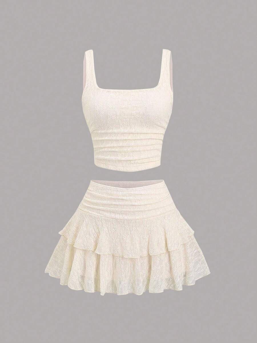 Sweetra Women's Spring/Summer European And American Fashion Minimalist Sexy Lace Ruffle Tank Top + Cake Skirt 2-Piece Casual Travel Versatile Set - Apricot - View 1