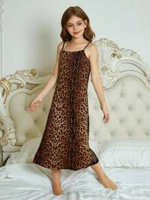 Hapijoa Tween Girls Leopard Print Camisole Nightgown Loungewear, Summer - Brown - View 4