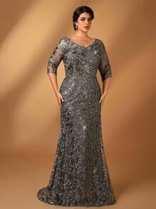 Serin Robe sirène à col V gris foncé élégante et luxueuse en maille sequins et dentelle brodée avec manches évasées. Convient pour les événements formels, les fêtes, les sorties, les vacances, les mariages, la mère de la mariée (grande taille)