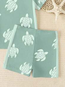 SHEIN Young Boy Casual Cute Cartoon Turtle Print Snug Fit Round Neck Short Sleeve T-Shirt & Tight Shorts Swimming Suit, Suitable For Summer - Multicolor - View 4