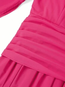 Ellevyn Plus Size Women Elegant,Formal,Wedding Ninang Dress, Pleated Flare Sleeve Maxi,Blush Pink,Autumn,Mother Of The Bride,Vintage Classy Outfits - Hot Pink - View 5