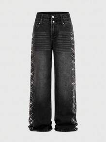ROMWE MEN Street Life Herren Jeans mit bunter Diamant-Gürtelschlaufe und weiter Passform