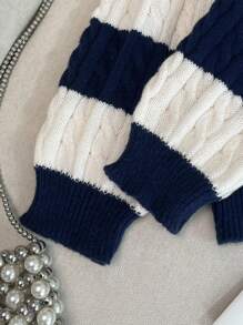 SHEIN Tween Girls' Stripe Contrast Color Twist Rope V-Neck Lantern Sleeve Loose Fit Pullover Sweater, Suitable For Autumn/Winter And Outdoor Wear Fall - Navy Blue - View 8