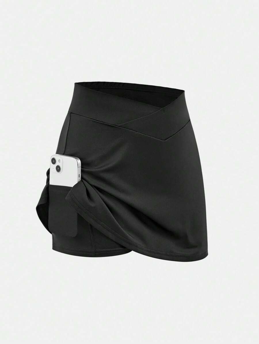 SHEIN Girlism Tween Girl Simple Solid Color Phone Pocket Sports Skorts, Summer - Black - View 1