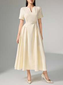 Heiryn V-Neck, Pleated, Waist Gathered Korean Style Commute Dress, Short Sleeve, Summer