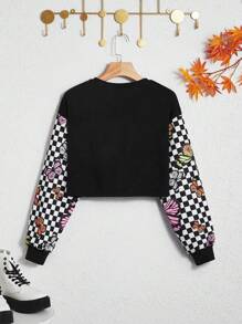 SHEIN Teen Girls Butterfly and Checker Print Crop Pullover - Black - View 2