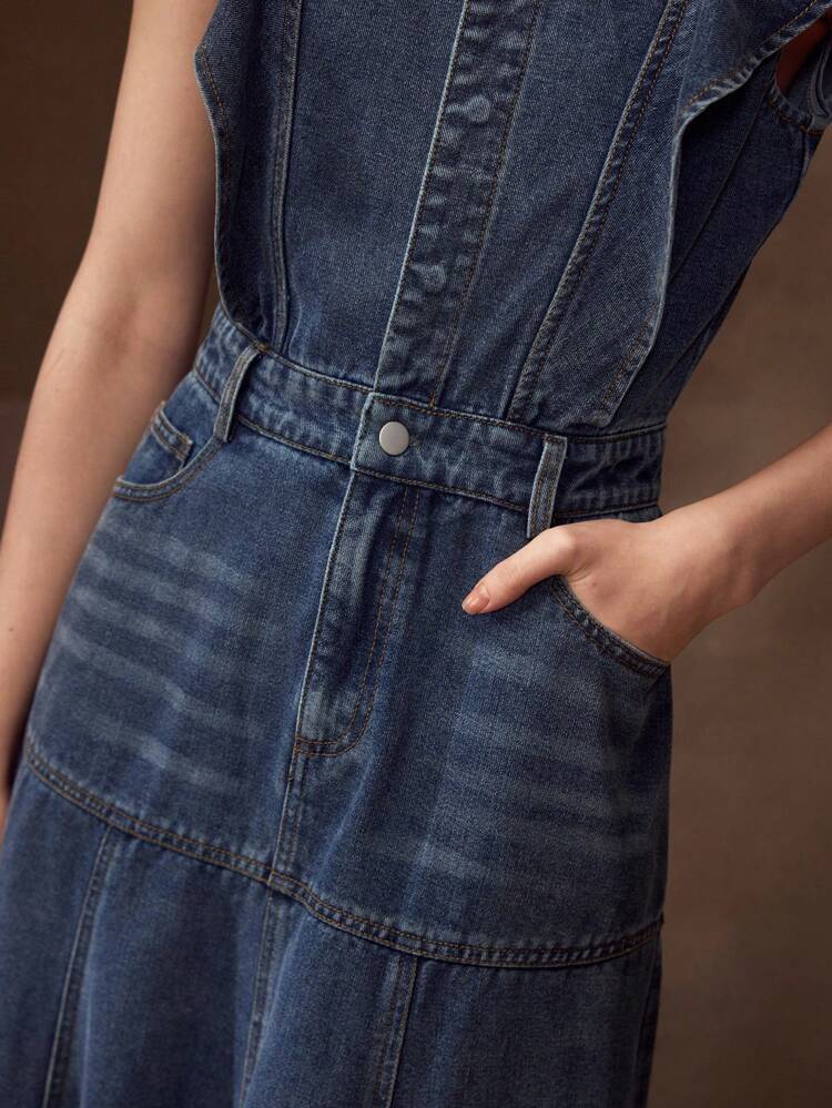 RUFFLE TRIM SLANT POCKET DENIM DRESS
