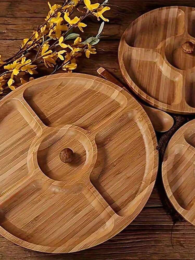 1/3pcs Bamboo Cheese Plate With 5 Compartments, Multifunctional Serving Tray For Chips, Dips, Veggies, Nachos, Appetizers, Desserts, Reusable Fruit Platter, Kitchen Decor, Wedding/Party - Brown - View 3