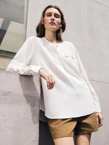 TrendSteals Women's Embroidered Linen Casual/Work Shirt With Small Stand Collar And Long Sleeves - White - View 7