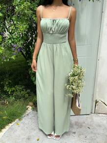 SHEIN EZwear Women's Green Casual Waist Tie Wide Leg Sleeveless Jumpsuit For Vacation