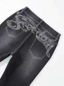 ROMWE Grunge Punk Women's Casual Washed Rhinestone Flared Jeans - Black - View 5