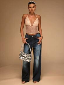 SHEIN BAE Áo hở lưng sequin gợi cảm cho nữ, mùa hè - Màu Khaki - Xem 3