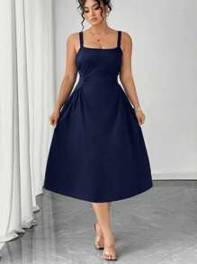 SHEIN Clasi Gaun Shift Elegan Tanpa Lengan Leher V Warna Polos untuk Wanita Ukuran Plus - Navy Blue - View 6
