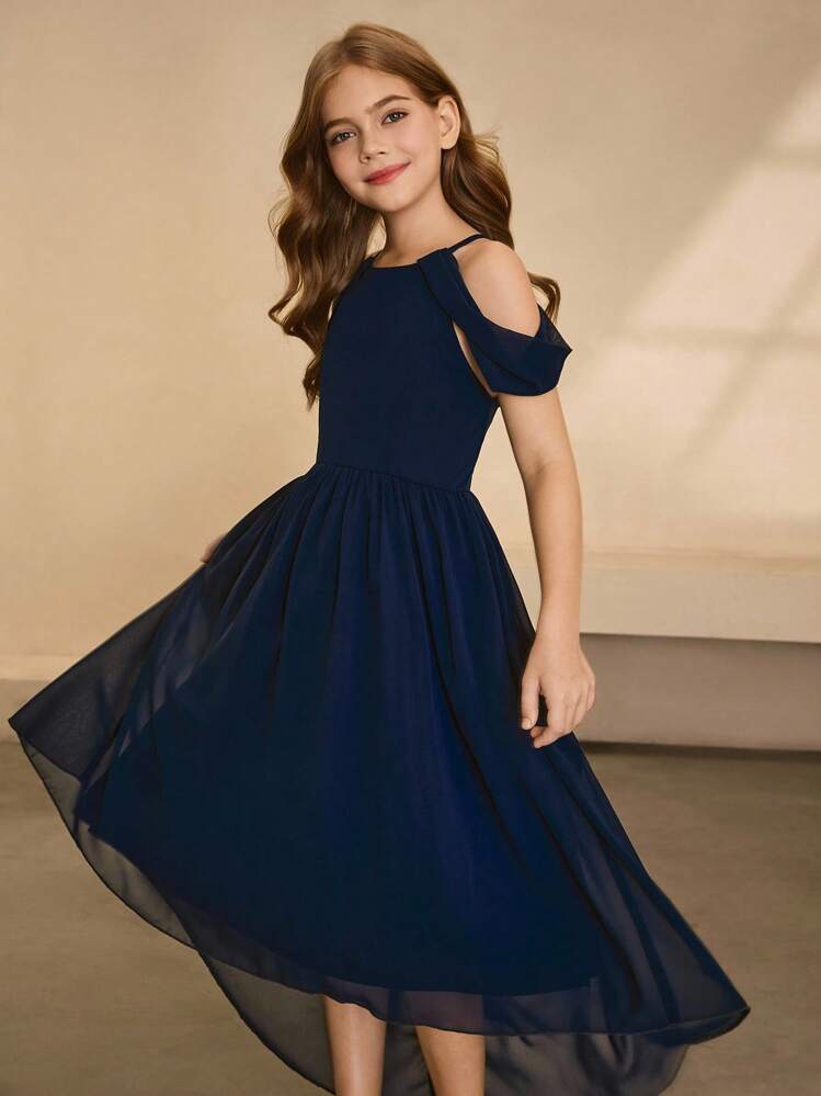 Girls Elegant Chic Minimalist Off-Shoulder High Waist Long Dress, Front Short Back Long Solid Color Chiffon Fabric, Graduation Prom Party Dress - Navy Blue - View 1