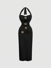 SHEIN MOD Robe longue pour femmes avec nœud au cou et décoration papillon en métal
