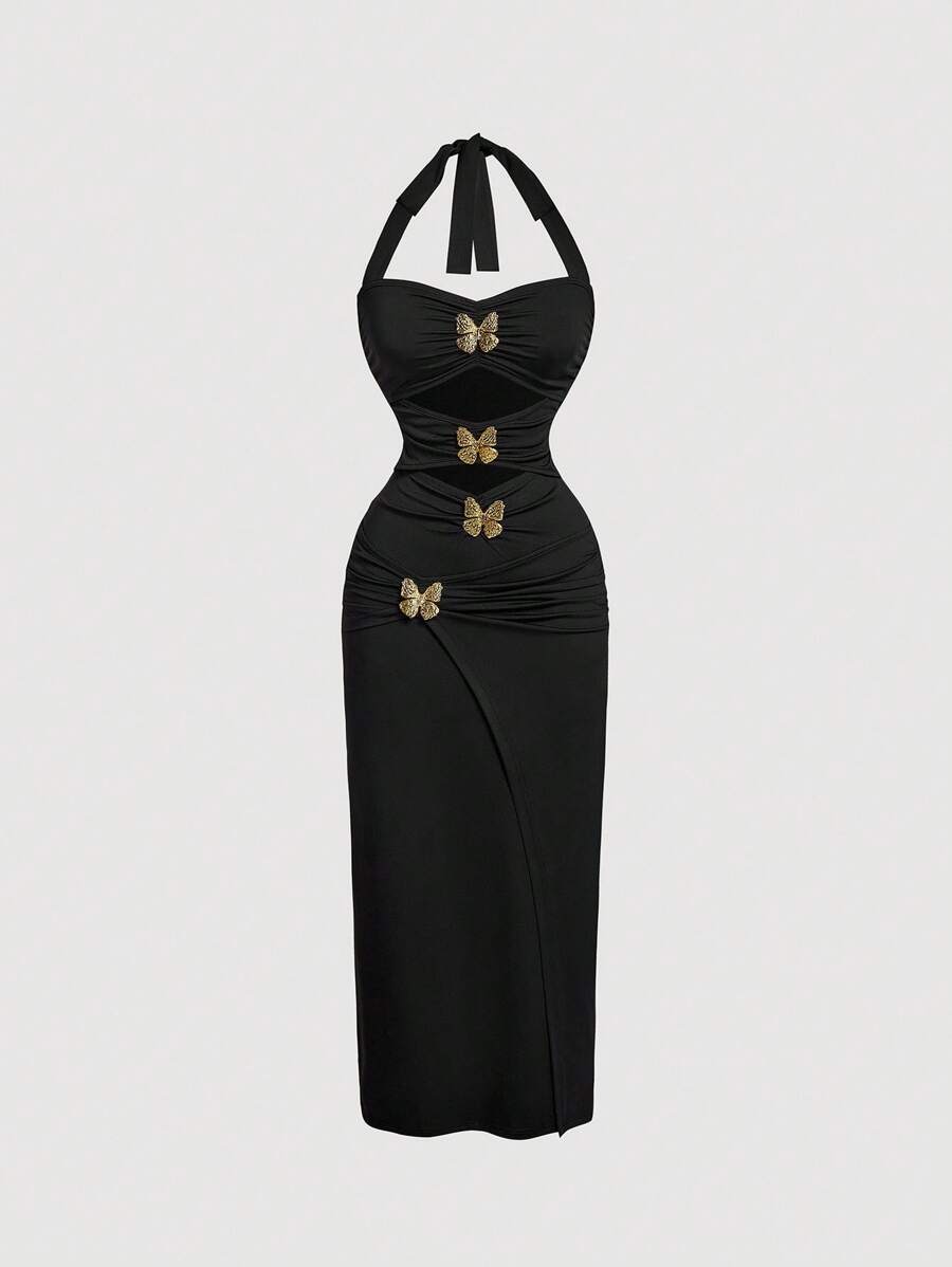 SHEIN MOD Robe longue pour femmes avec nœud au cou et décoration papillon en métal