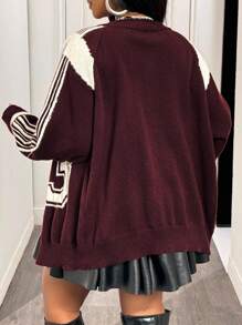Slaydiva Cárdigan de punto con cremallera, número 23, holgado, color burdeos e marfil, para mujer talla grande, para otoño temprano, estilo universitario y urbano casual, para uso diario y vuelta al colegio, para salidas diarias en invierno y otoño - Burdeos - Ver 2