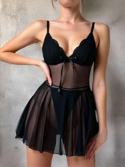 Fairycore Fairycore Lace & Mesh Patchwork Water Soluble Butterfly Lace Sexy Women Nightgown & Robe Set