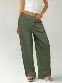 SHEIN EZwear 秋冬大码纯色休闲纽扣口袋西装裤 - 軍綠色 - 查看 4