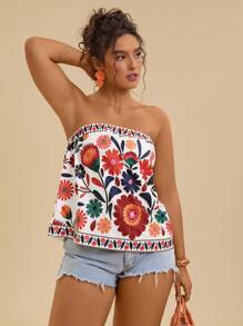 Travachic 加大码露肩波西米亚风上衣，带有彩色花卉图案和褶边细节花卉抹胸露肩上衣夏季抹胸抹胸女式露肩上衣，女士假日服装