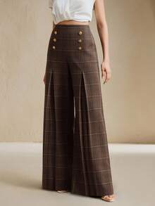 Anewsta 秋冬女装穿着舒适休闲通勤百搭时尚优雅简约经典现代返校季粗花呢格子装饰经典金属纽扣口袋开衩阔腿腰拉链女裤 - 咖啡棕 - 查看 4