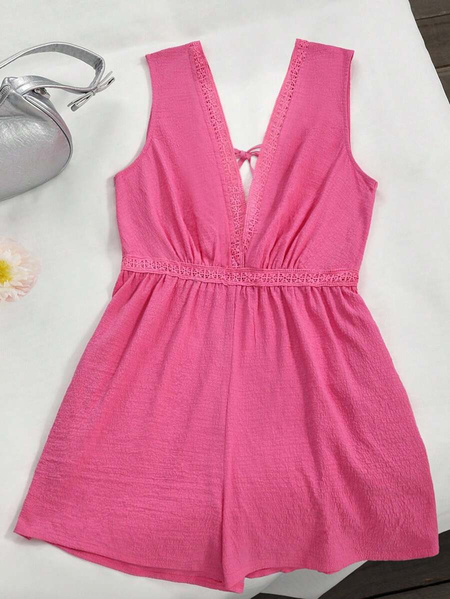 INAWLY Women's Sweet Vacation Casual Solid Color Sleeveless Jumpsuit, Summer - Hot Pink - View 1