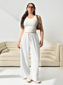SHEIN EZwear Damer Plus Size Loose Fit Aprikosvävda byxor - Vitt - Visa 6