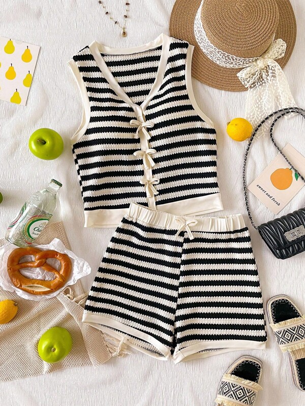 Teen Mädchen Gestreiftes Camisole mit Fliege und Shorts Lässiges Outfit-Set