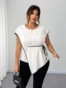 Elenzga Spring/Summer Round Neck Black & White Patchwork Handkerchief Hem Elegant Casual Commute Tie-Up Fashion Design Daily Office Wear Plus Size Women Blouse - White - View 6