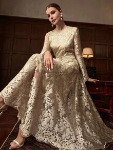 ZEYLAH EMBROIDERED FLORAL ELEGANT WAISTED DRESS - Champagne - View 1