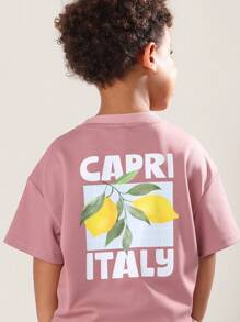 SUMWON 海滩氛围度假俱乐部儿童夏季卡普里意大利印花T恤短裤套装休闲酷炫假日休闲装地中海时尚男童套装 - 藕粉色 - 查看 5
