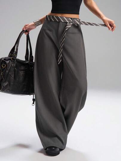 SHEIN EZwear Quần ống rộng màu trơn thời trang đi làm cỡ lớn, quần ống rộng cho nữ vào mùa thu/đông