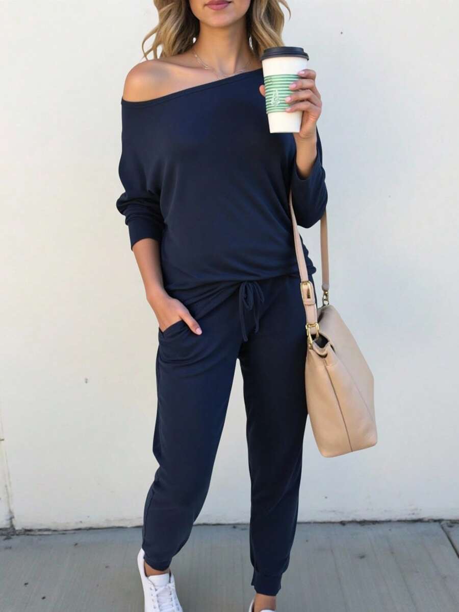 INAWLY 2 件套女士休闲纯色斜肩上衣和抽绳裤套装，秋季