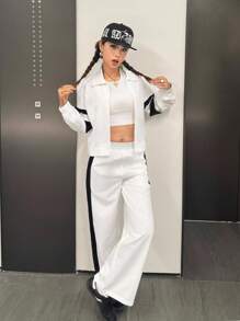 SHEIN 少女宽松休闲拼色连帽衫和运动裤套装，舒适 - 白色 - 查看 4