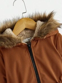 SHEIN Young Boy Casual Drawstring Waist Faux Fur Hooded Padded Parka Coat, Autumn/Winter Fall - Brown - View 5