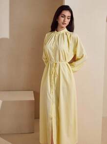 Graceveil Elegant Yellow Long Dress With Raglan Sleeves And Button-Up Design For Women - Yellow - View 6