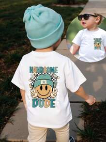 SHEIN Playful Pals 男婴休闲舒适简约格纹字母和脸部图案圆领修身针织 T 恤，夏季可爱 T 恤