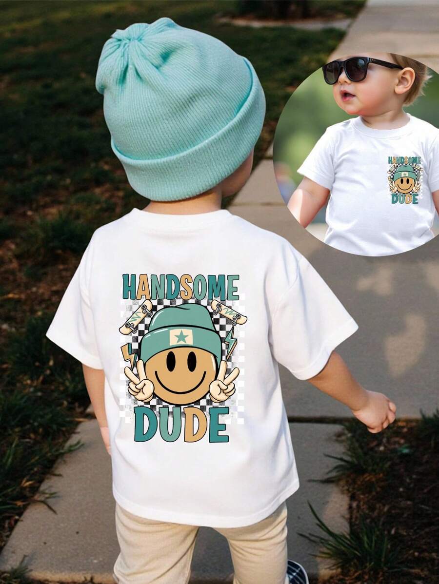 SHEIN Playful Pals 男婴休闲舒适简约格纹字母和脸部图案圆领修身针织 T 恤，夏季可爱 T 恤