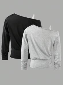 2pcs/Set Girls' Oblique Shoulder All-Match Versatile T-Shirts, Casual Street Style, Multi-Color