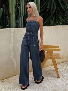 Livesso 女式夏季无袖口袋宽腿宽松牛仔连体裤 - 藍色 - 查看 3