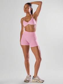 Musera Sport Solid Ruched Bust Open Back Halter Sports Bra, Active Comfy Workout Gym Running Run Clubpadel, Tennis, Pickleball Gym Fitness Yoga Pilates Fall Daily Casual