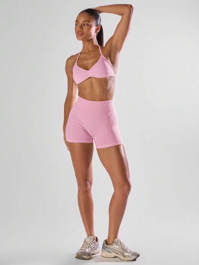 Ra Sport Solid Ruched Bust Open Back Halter Sports Bra, Active Comfy Workout Gym Running Run Clubpadel, Tennis, Pickleball Fitness view 5