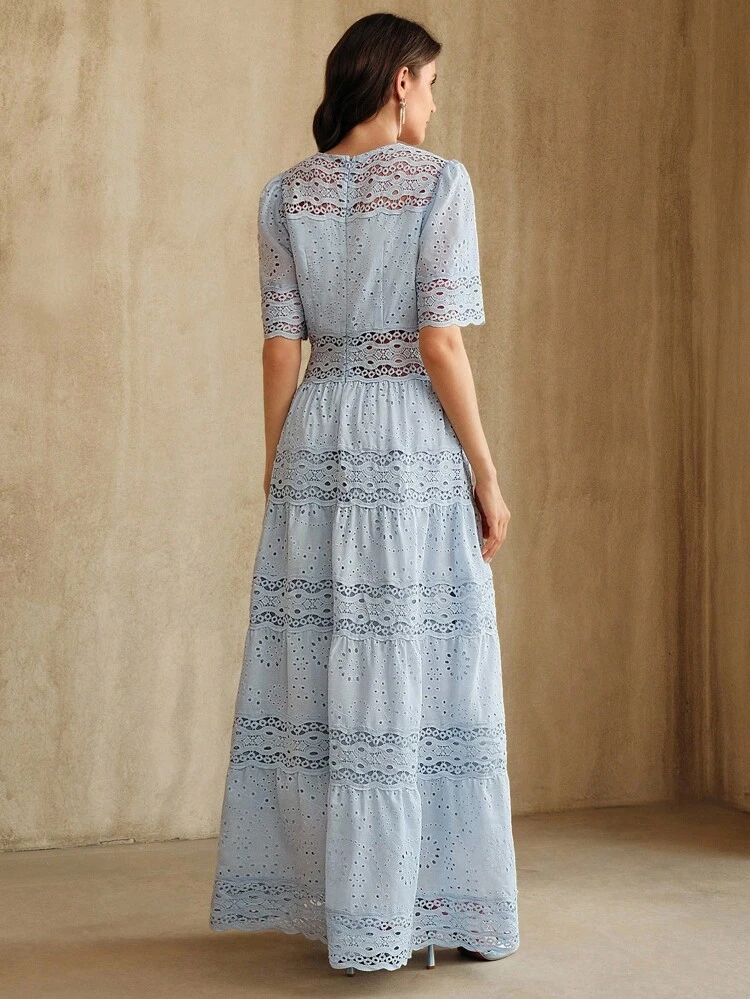 Women's Elegant Lace Patchwork Dress, Blue Long A-Line Bohemian Vacation Dress
